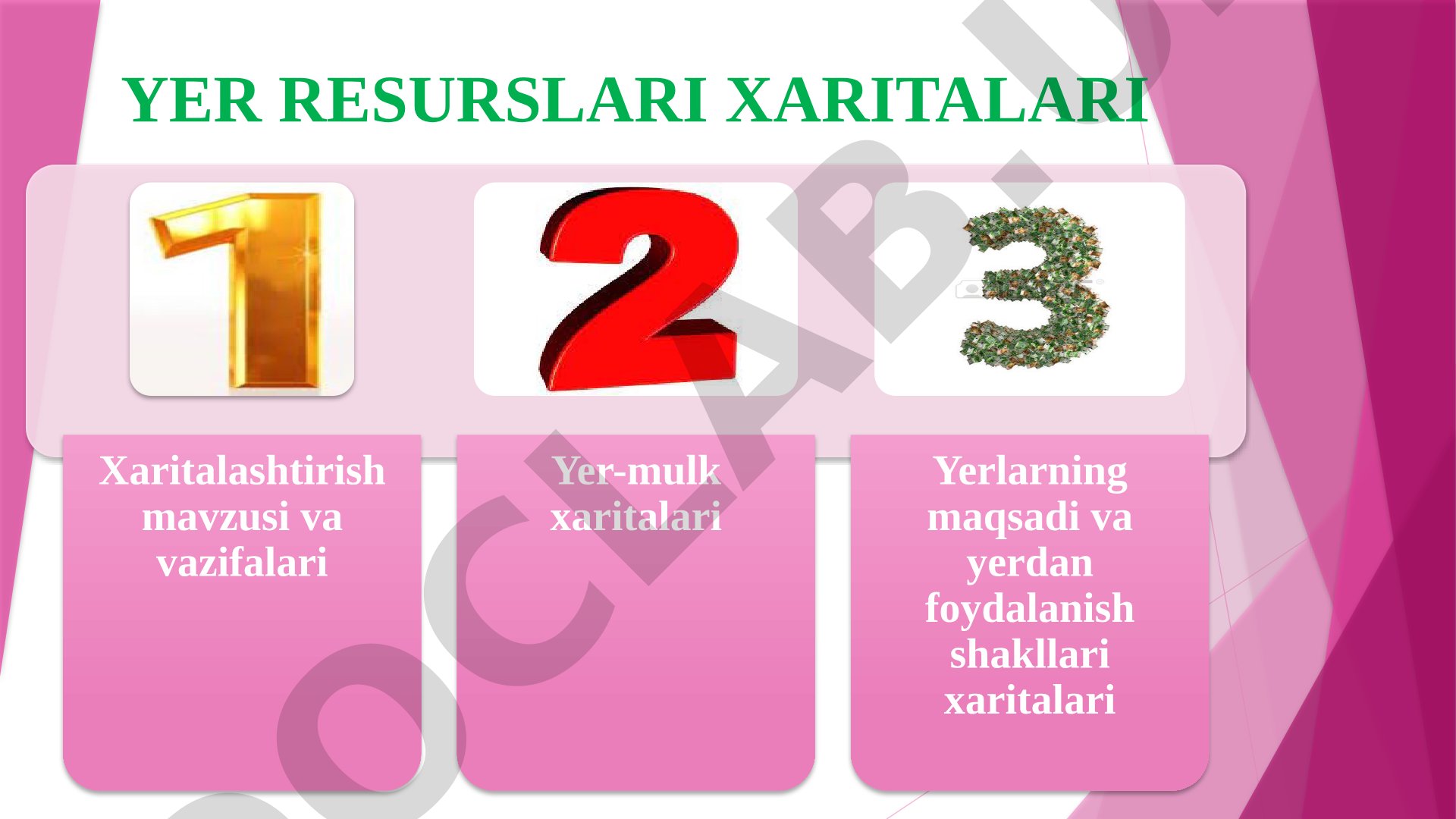 Yer resurslarini xaritalashtirish mavzusi, yer-mulk xaritalari va undan foydalanish
