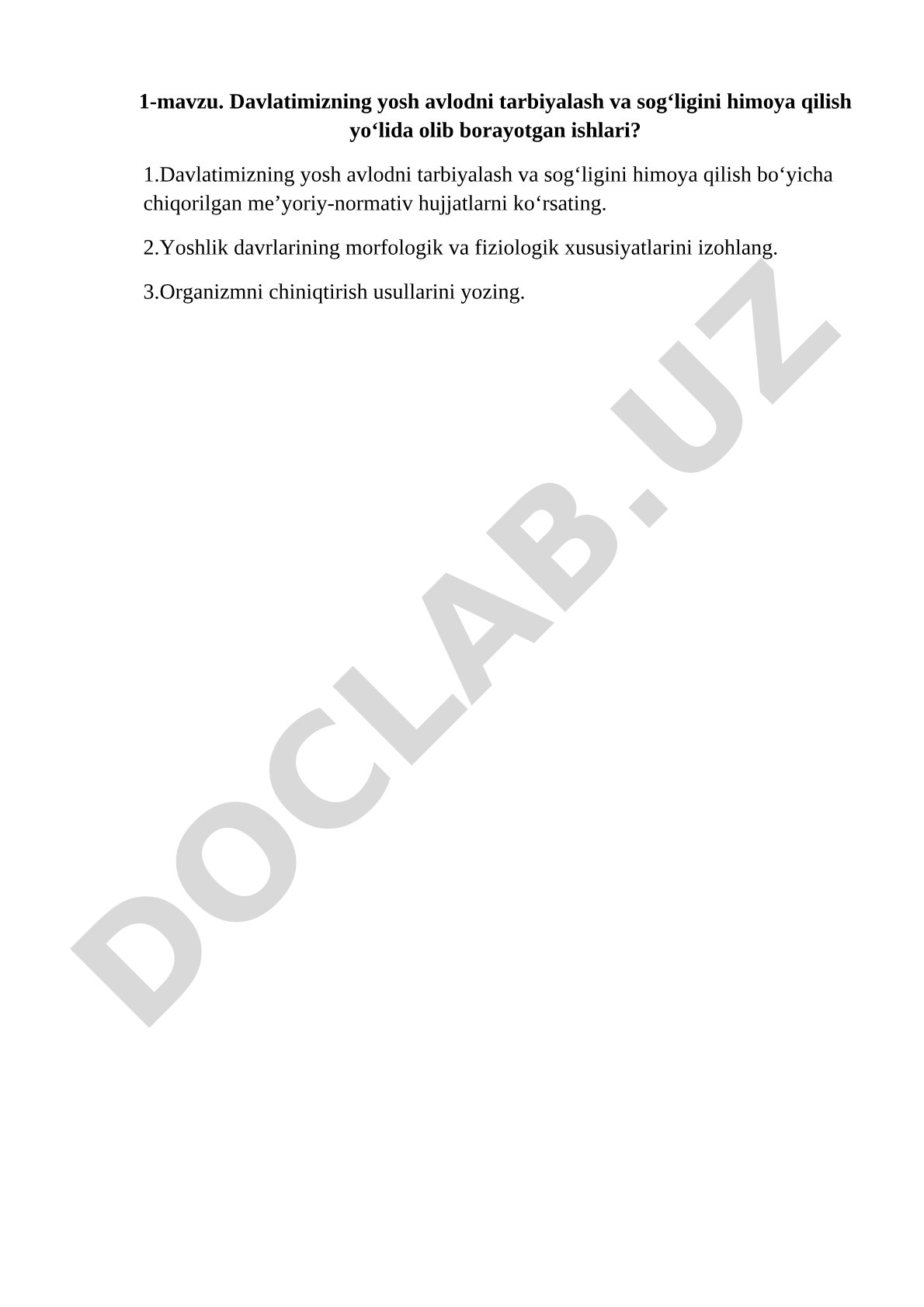 Davlatimizning yosh avlodni tarbiyalash va sog‘ligini himoya qilish yo‘lida olib borayotgan ishlari