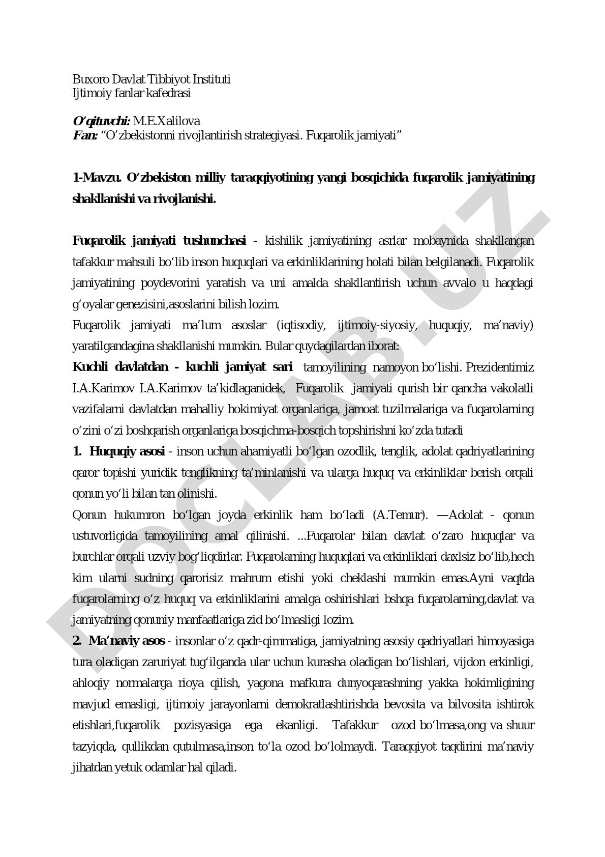 O‘zbekiston milliy taraqqiyotining yangi bosqichida fuqarolik jamiyatining shakllanishi va rivojlanishi