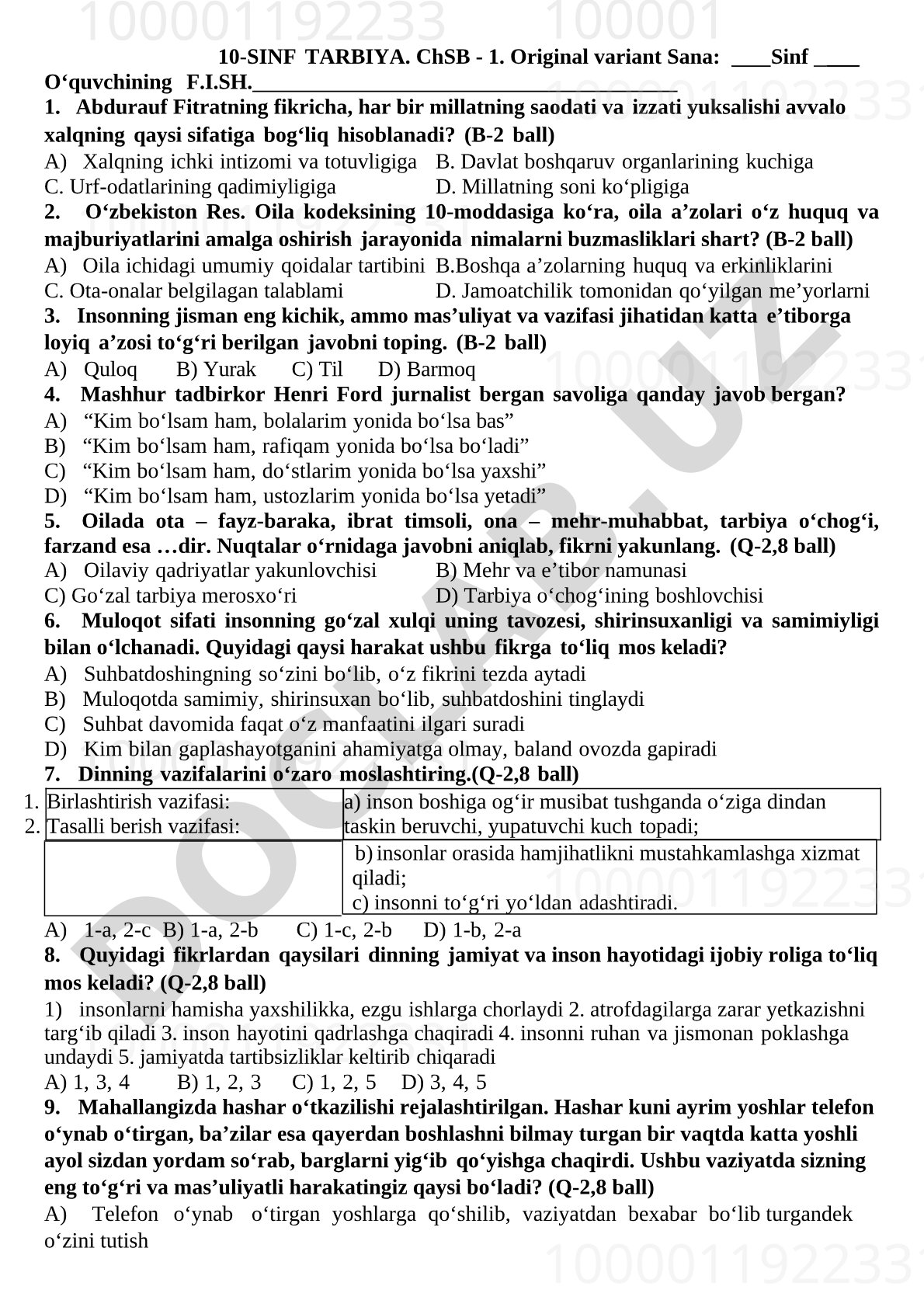 10-sinf Tarbiya ChSB-1 test savollari