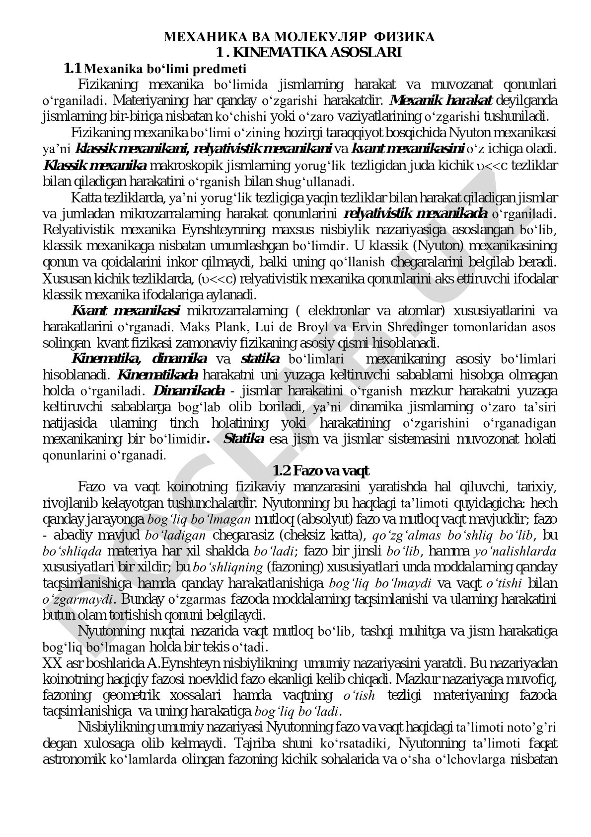 Mexanika va molekulyar fizika 1. kinematika asoslari