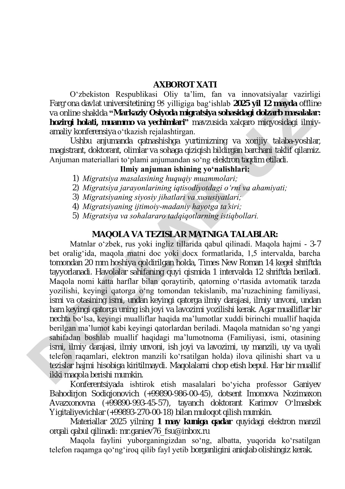 Markaziy Osiyoda migratsiya sohasidagi dolzarb masalalar: hozirgi holati, muammo va yechimlari