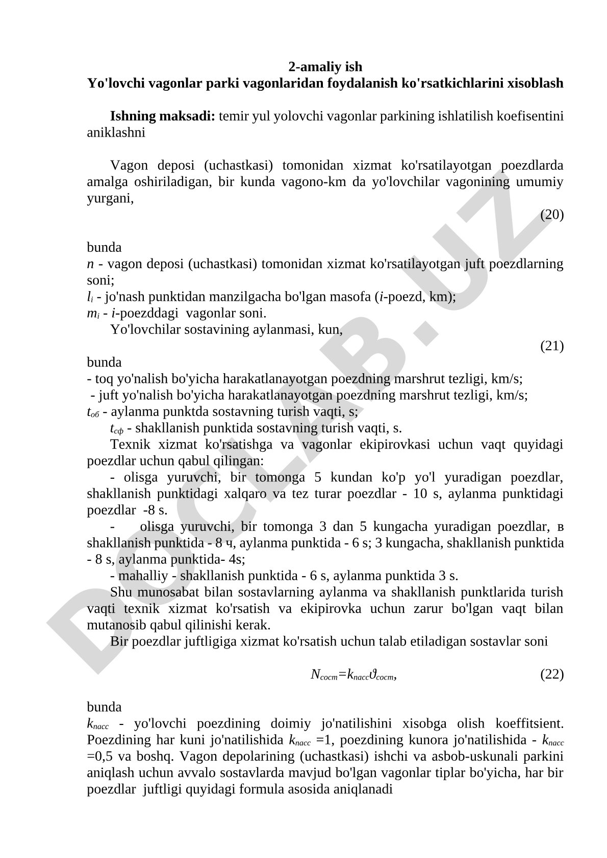 Yo'lovchi vagonlar parki vagonlaridan foydalanish ko'rsatkichlarini xisoblash