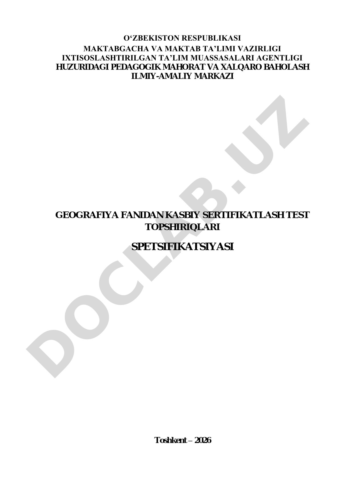 Geografiya fanidan kasbiy sertifikatlash test topshiriqlari spetsifikatsiyasi