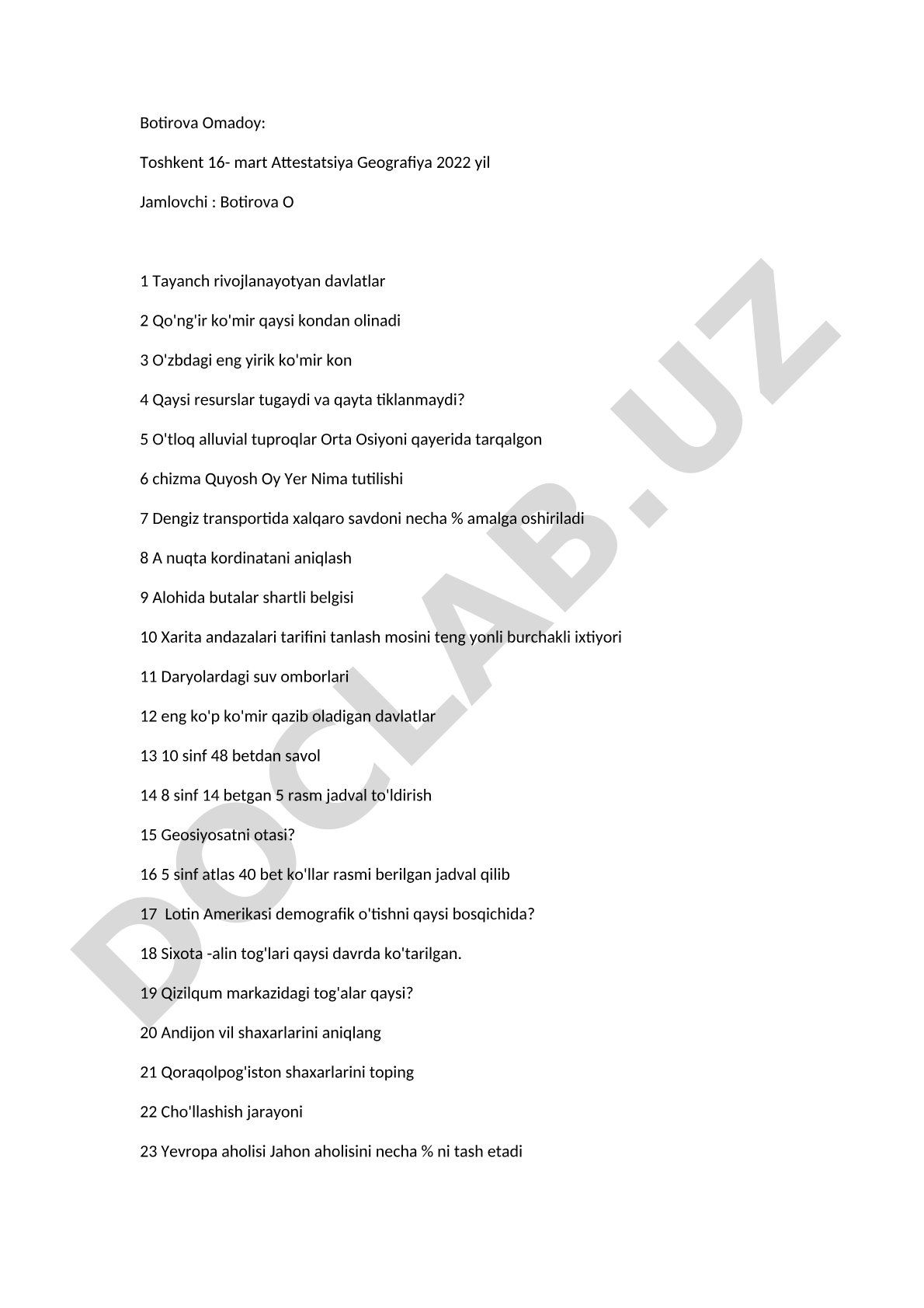 Geografiya attestatsiya test savollari