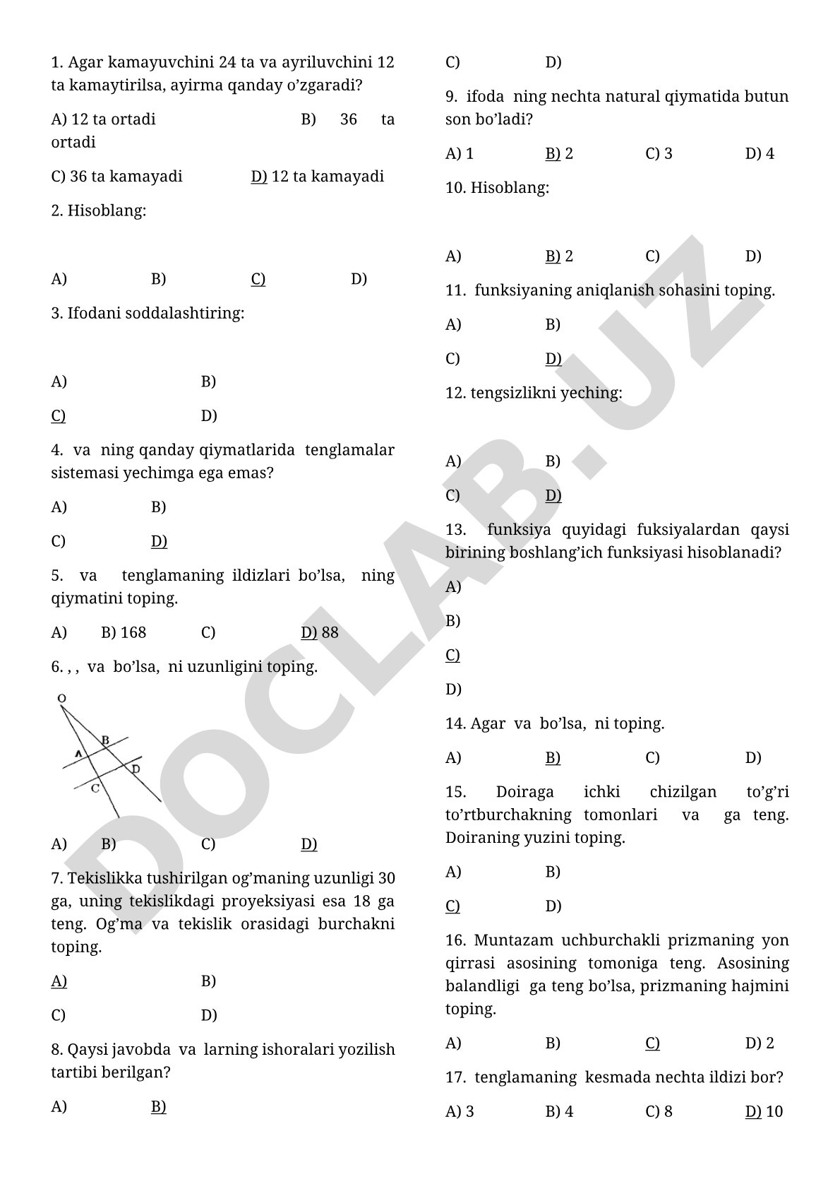 Matematika fanidan arifmetika, algebra va geometriya bo'yicha test savollari