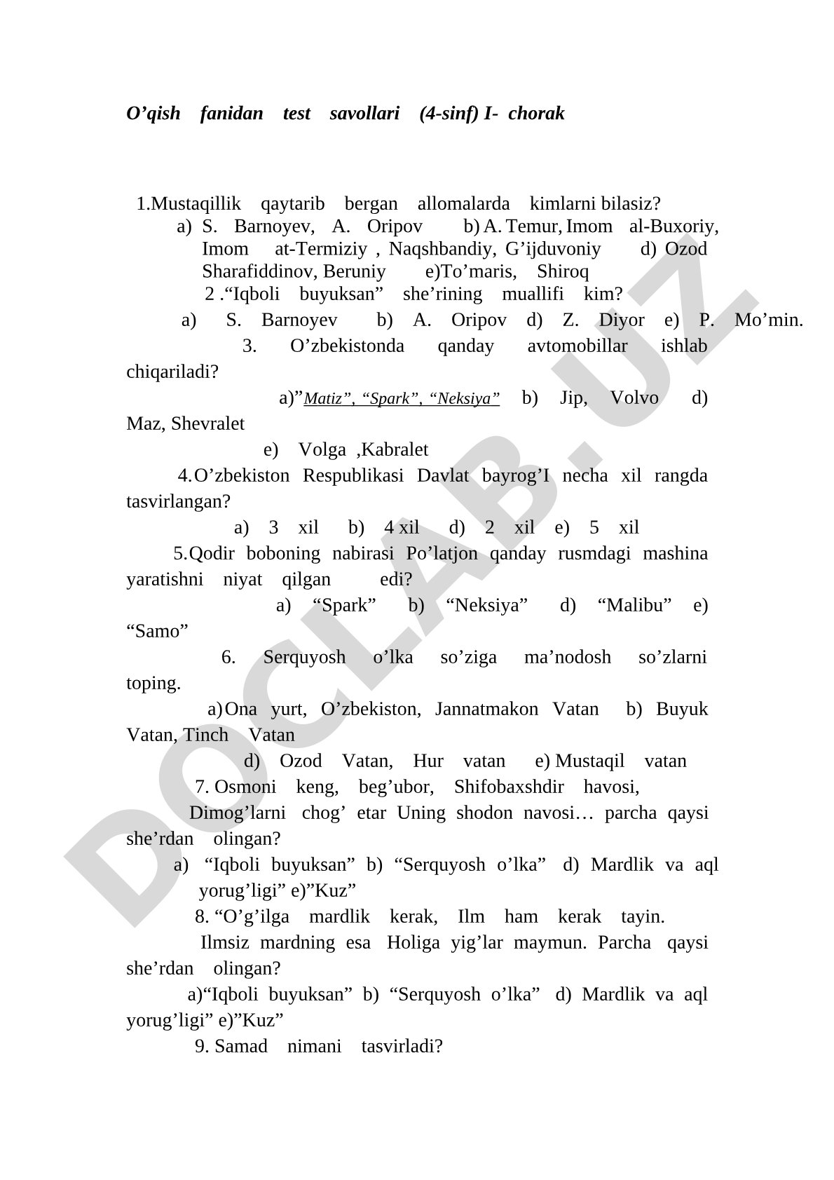 O’qish fanidan test savollari (4-sinf) I- chorak