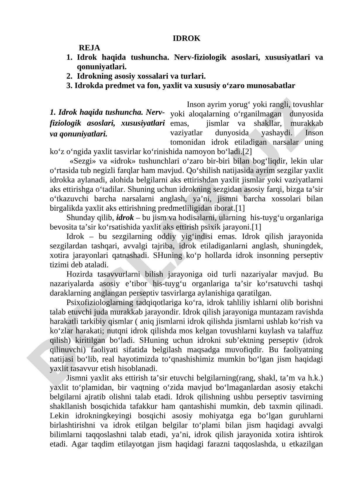 Idrok haqida tushuncha, nerv-fiziologik asoslari, xususiyatlari va turlari