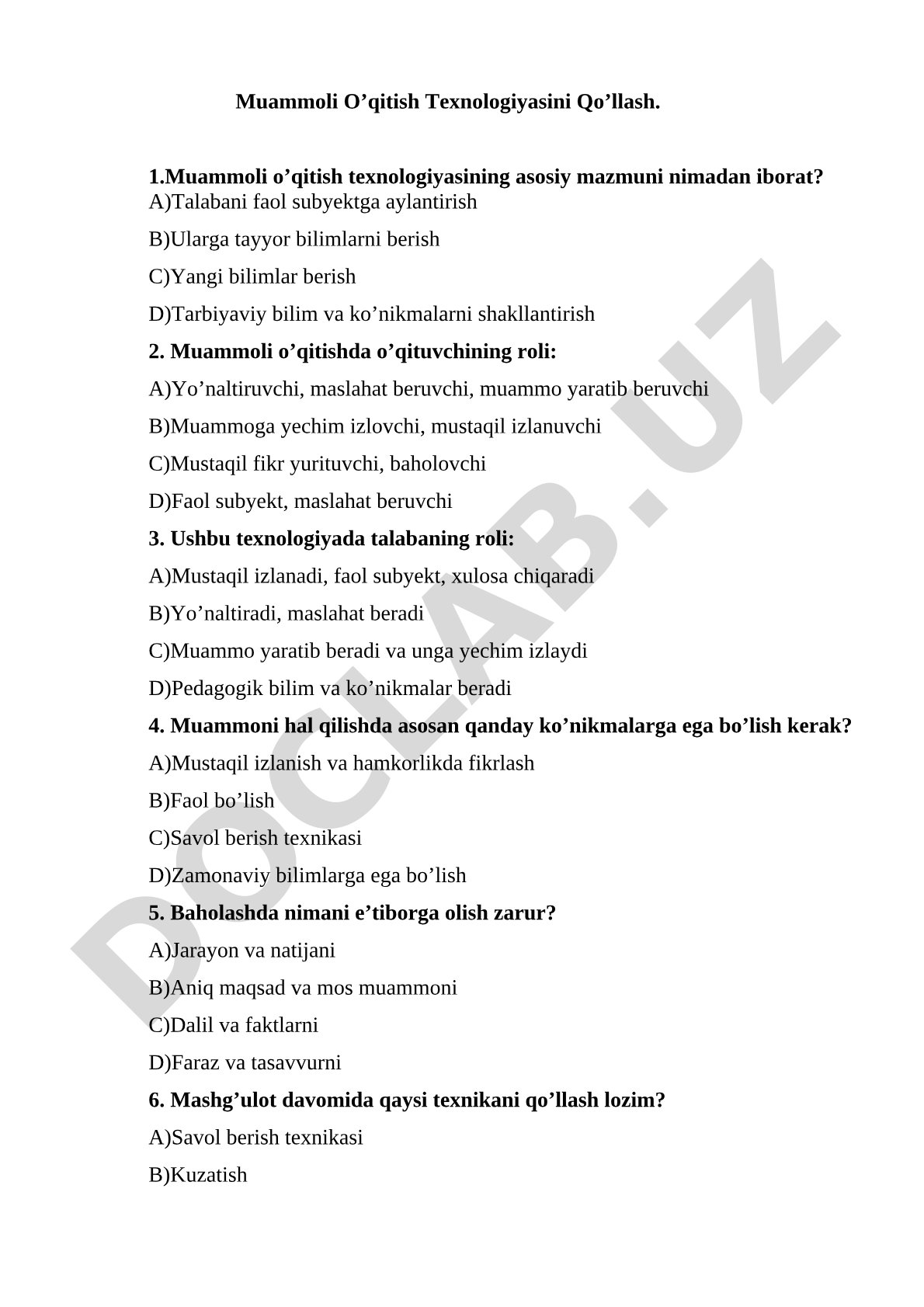 Muammoli o'qitish texnologiyasini qo'llash