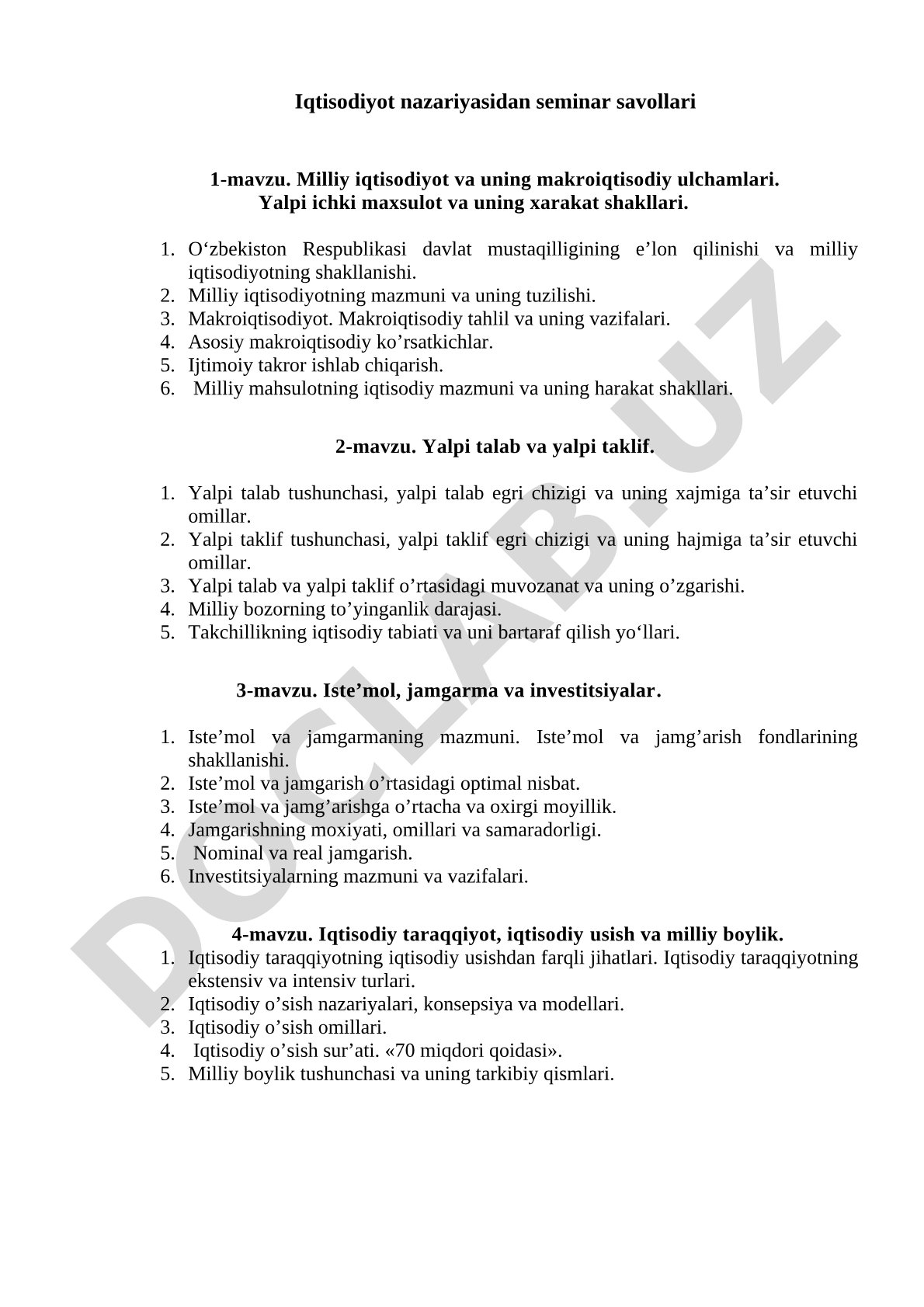 Iqtisodiyot nazariyasi seminar savollari: milliy iqtisodiyot va makroiqtisodiy ko'rsatkichlar