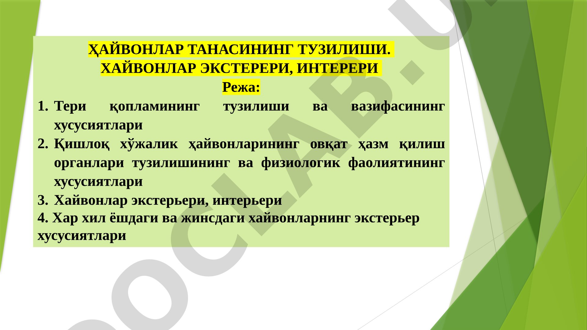 Ҳайвонлар танасининг тузилиши. Хайвонлар экстериери, интерьери