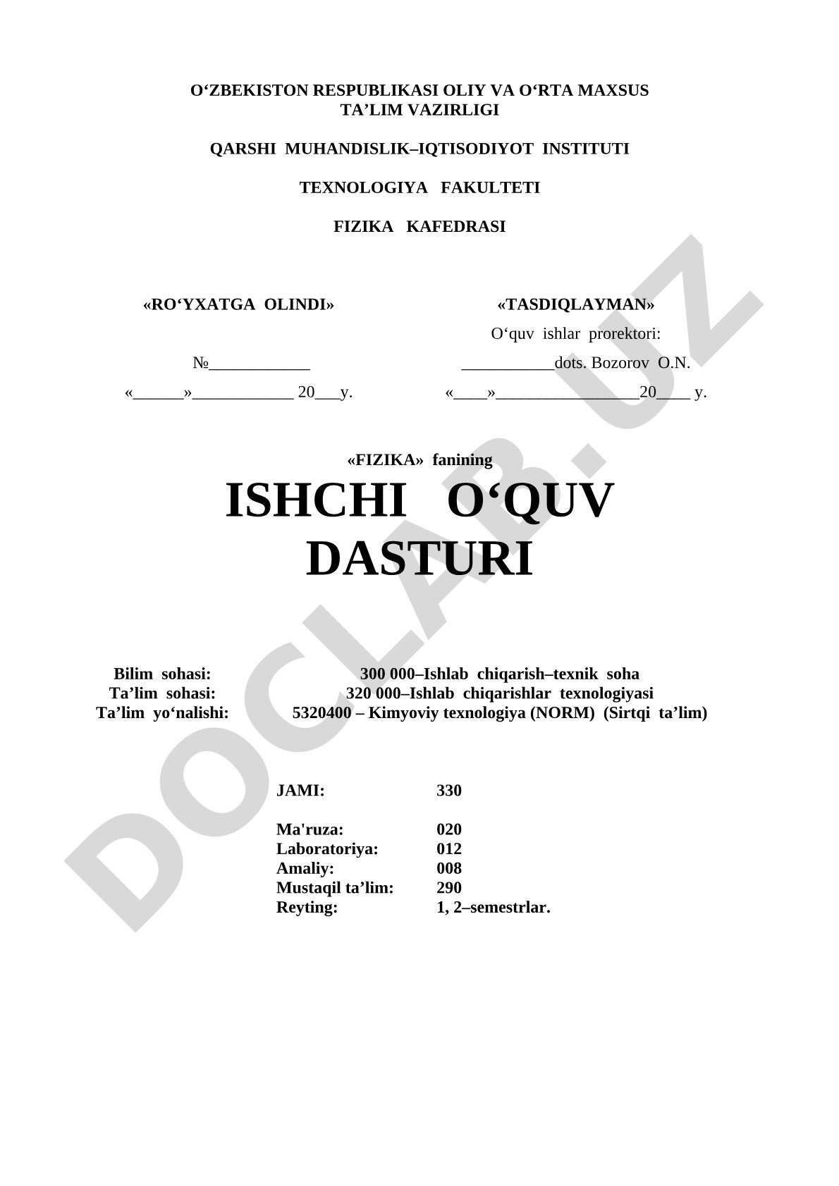 Fizika fanining ishchi o'quv dasturi