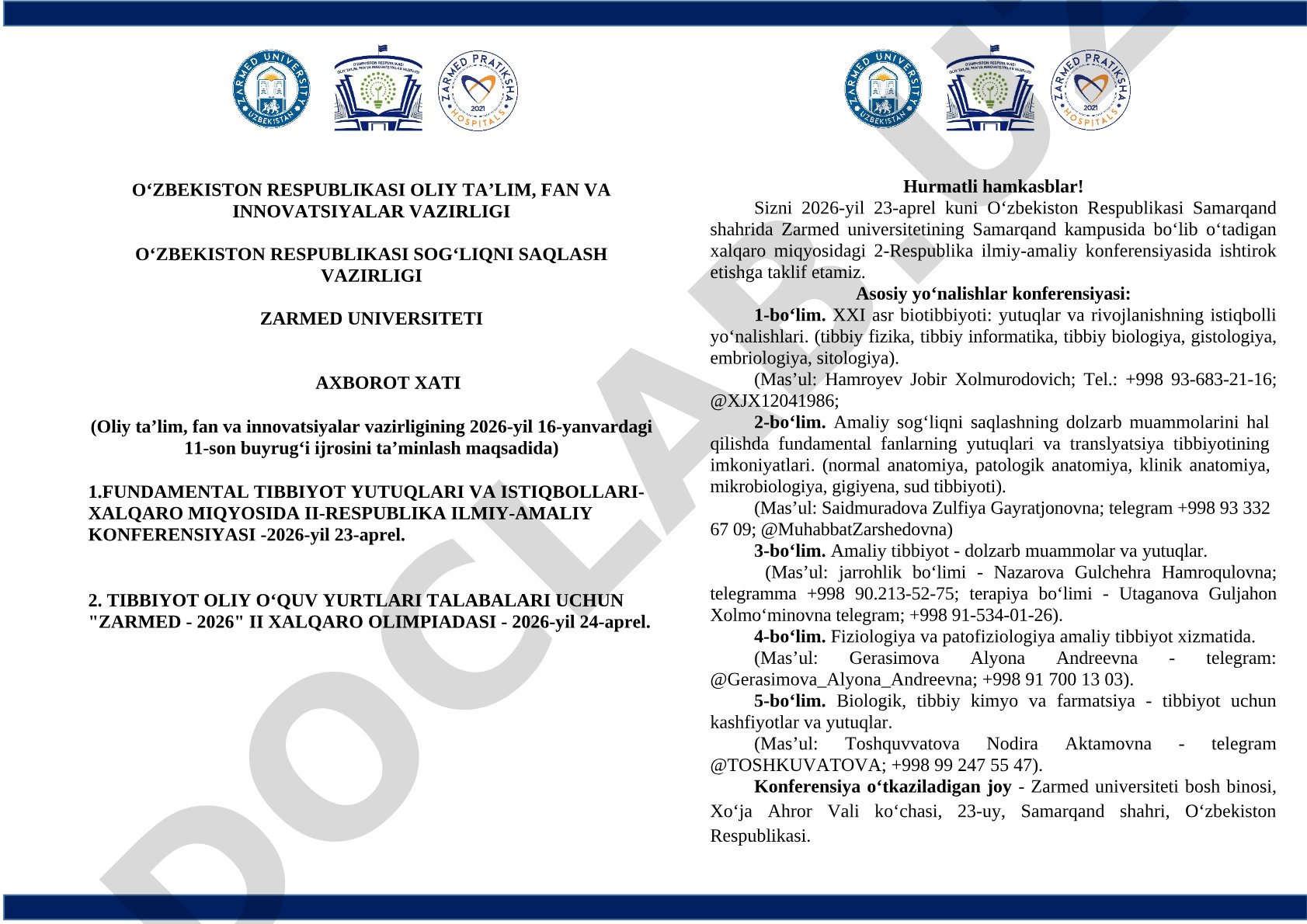 Fundamental tibbiyot yutuqlari va istiqbollari- xalqaro miqyosida II-respublika ilmiy-amaliy konferensiyasi