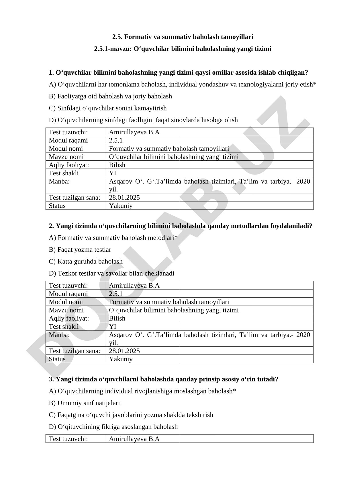 O‘quvchilar bilimini baholashning yangi tizimi