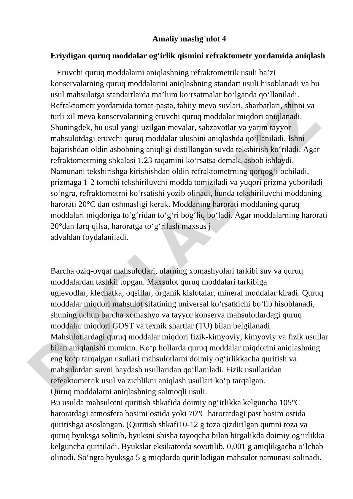 Eriydigan quruq moddalar ogʻirlik qismini refraktometr yordamida aniqlash