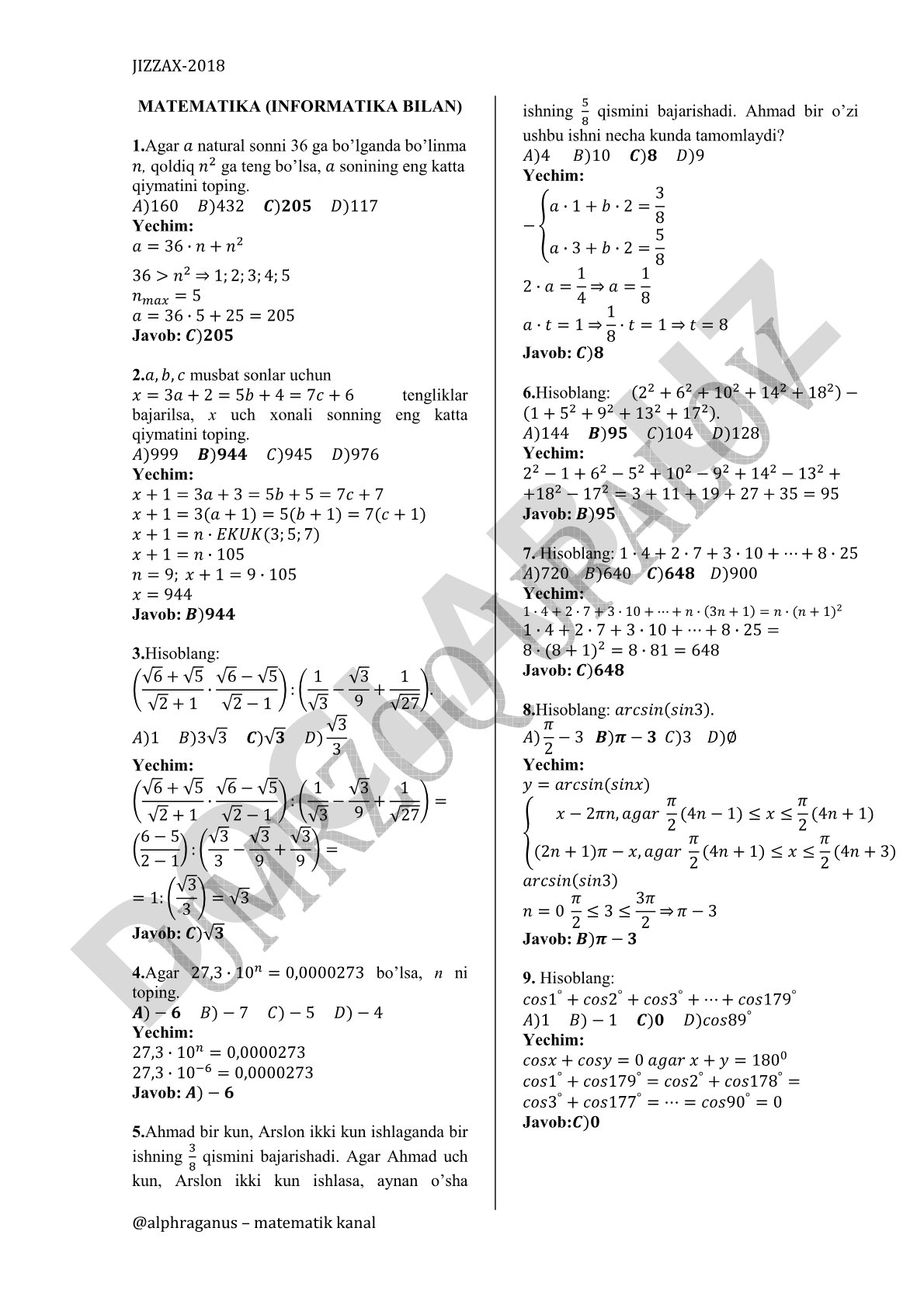 Matematika (informatika bilan) masalalar to'plami