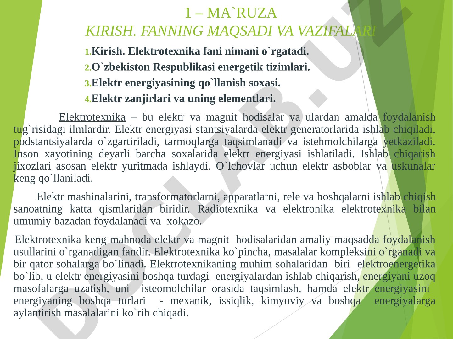 Ma`ruza kirish. Fanning maqsadi va vazifalari