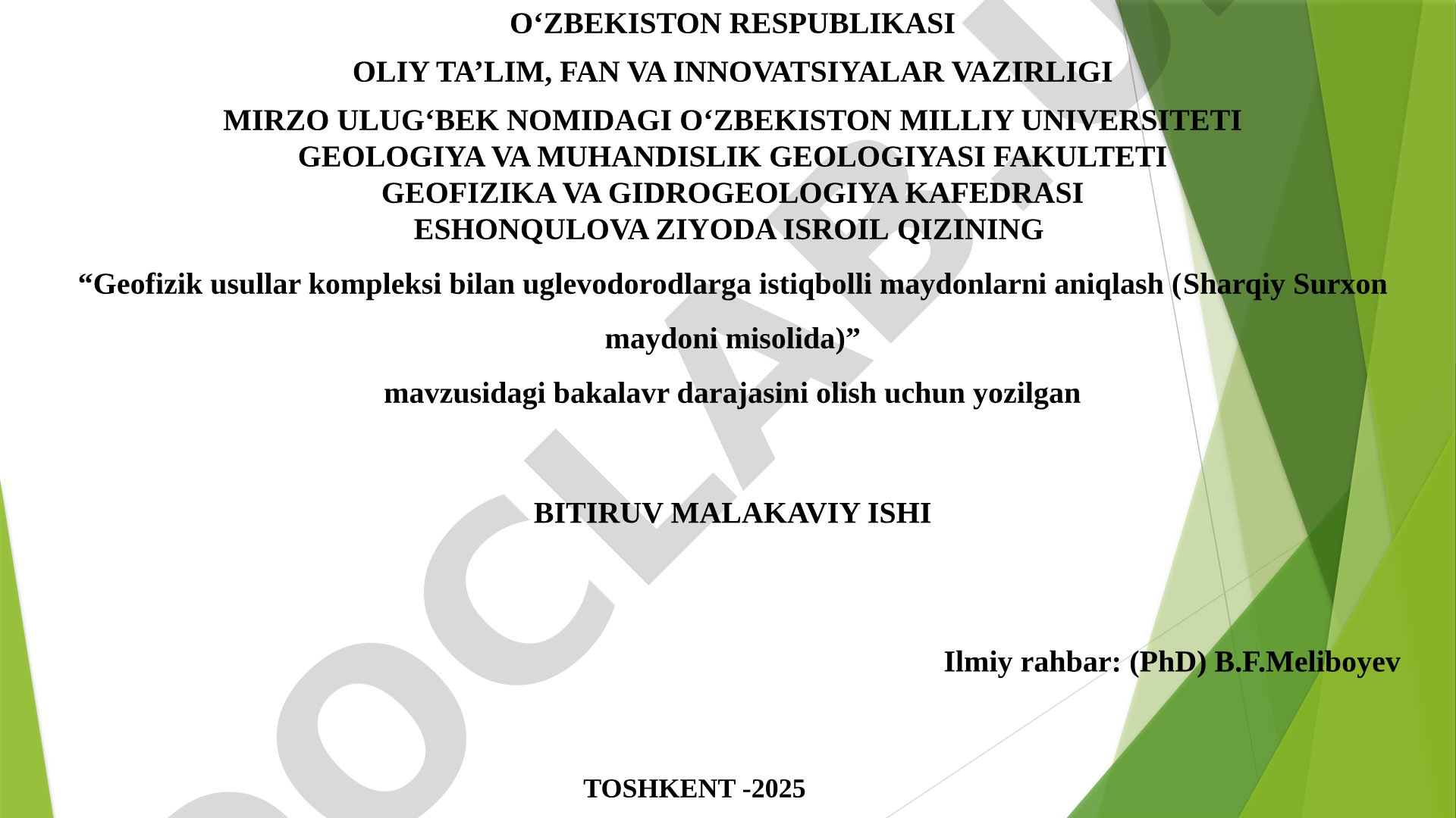 Geofizik usullar kompleksi bilan uglevodorodlarga istiqbolli maydonlarni aniqlash (Sharqiy Surxon maydoni misolida)