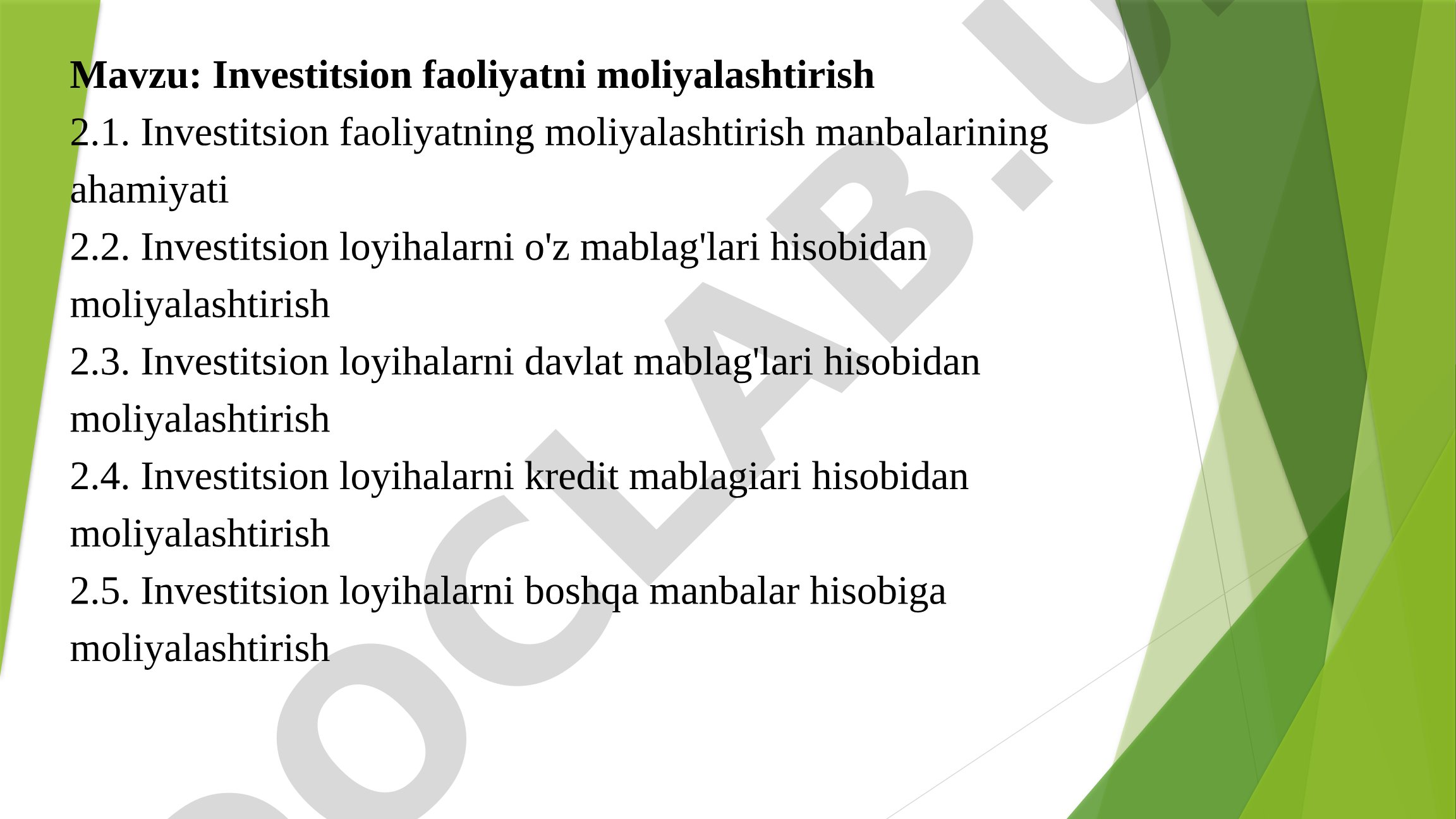 Investitsion faoliyatni moliyalashtirish manbalari, ahamiyati va istiqbollari haqida