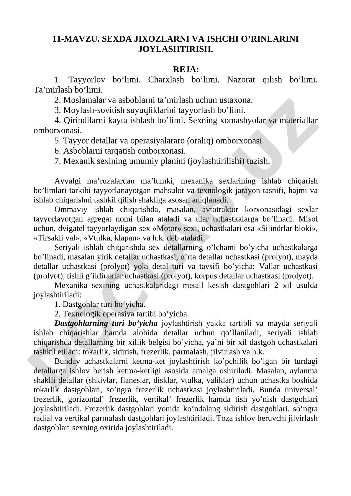 Sexda jixozlarni va ishchi o’rinlarini joylashtirish