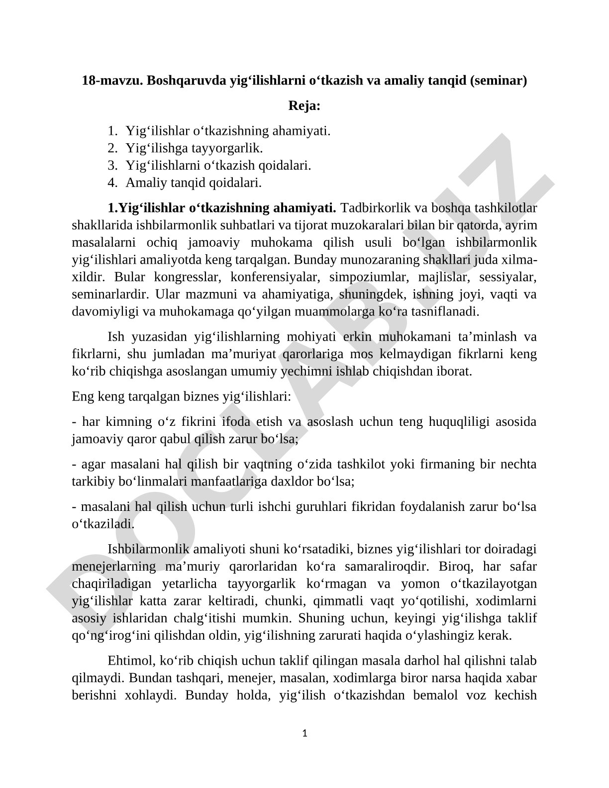 Boshqaruvda yig‘ilishlarni o‘tkazish va amaliy tanqid (seminar)