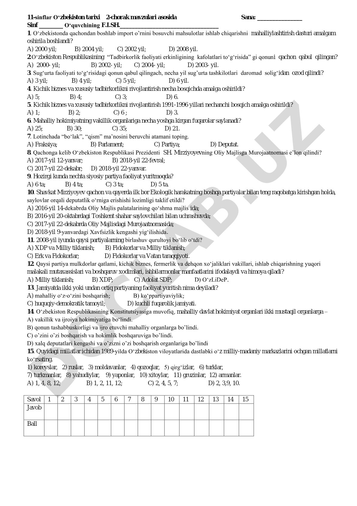 11-sinf O'zbekiston tarixi 2-chorak test savollari