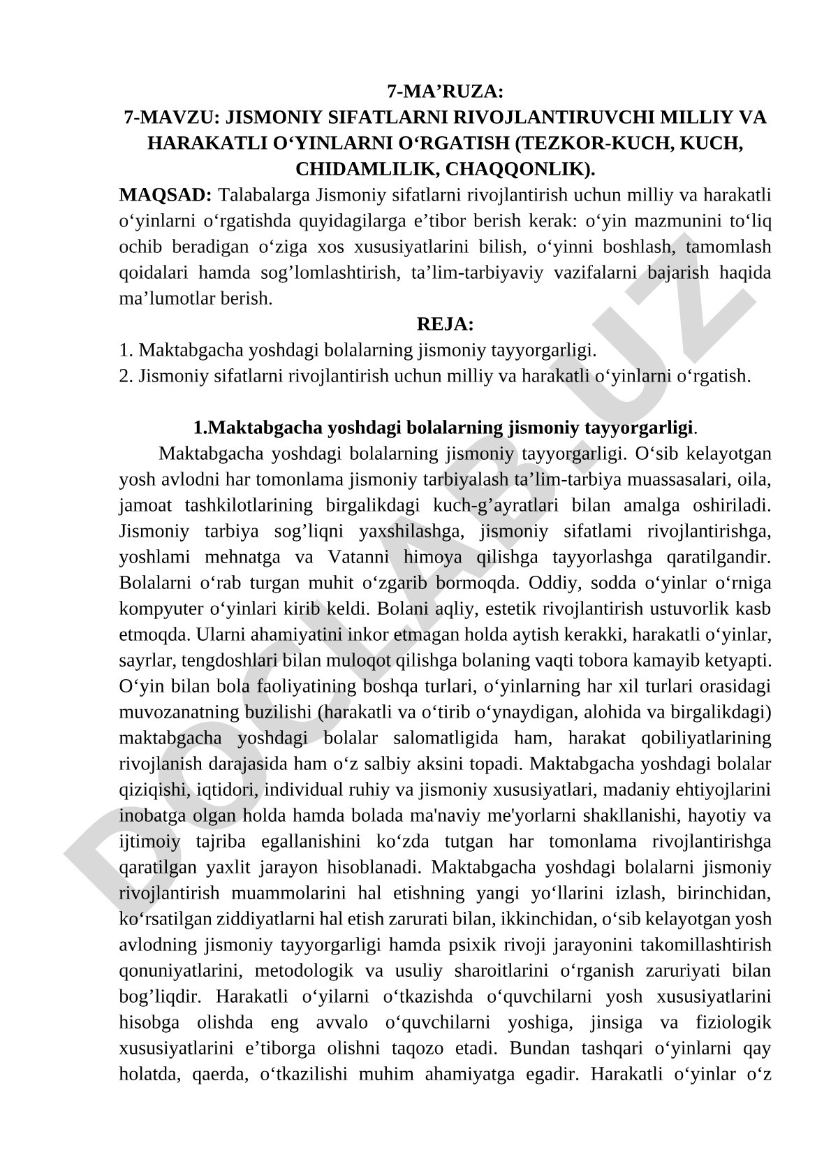Jismoniy sifatlarni rivojlantiruvchi milliy va harakatli o'yinlarni o'rgatish