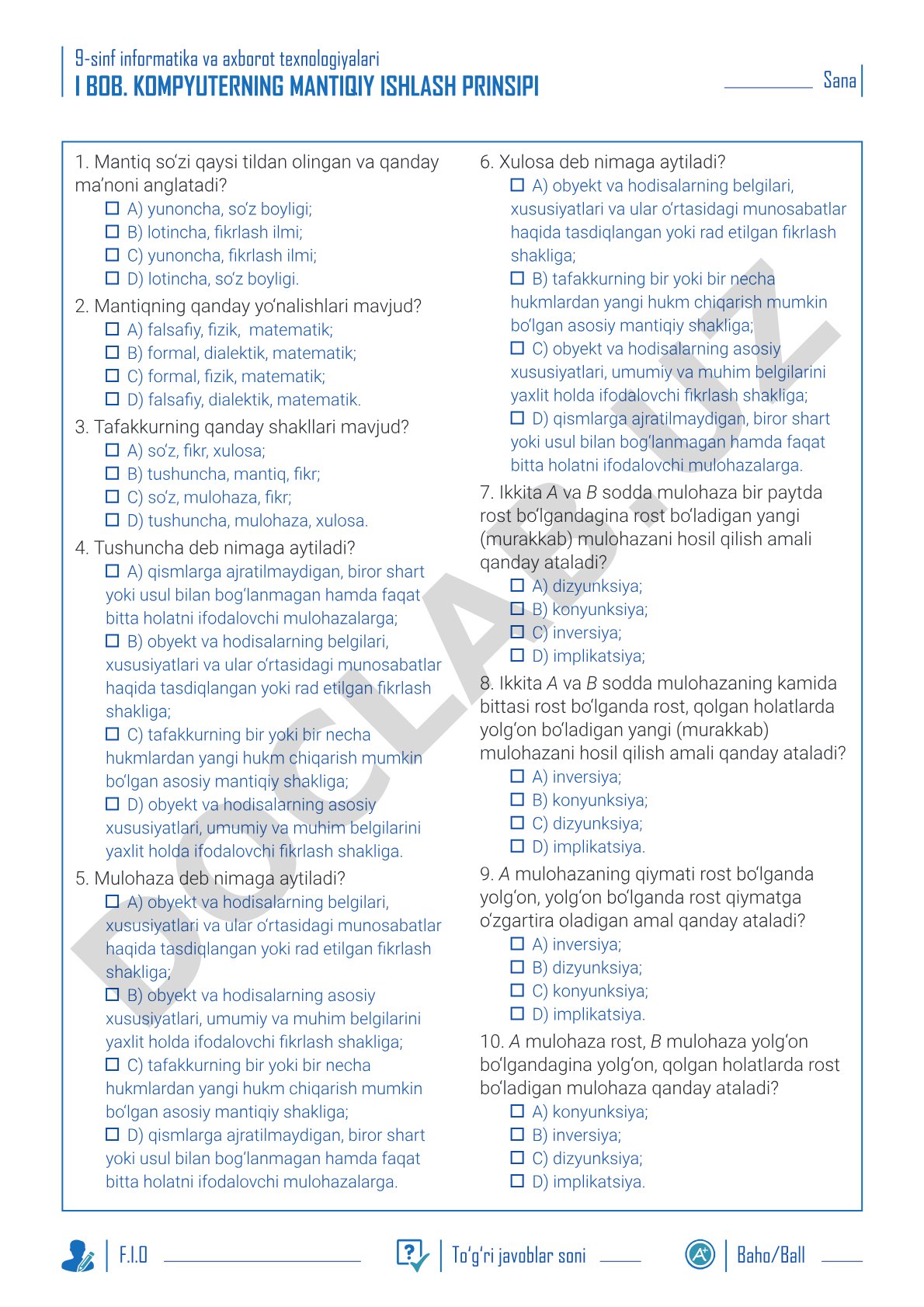 9-sinf informatika va axborot texnologiyalari mantiq testi
