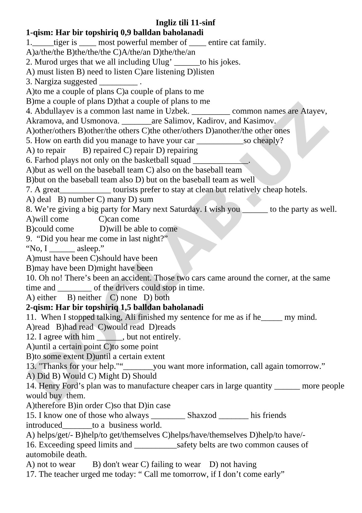 English Language Test for Grade 11 Part 1