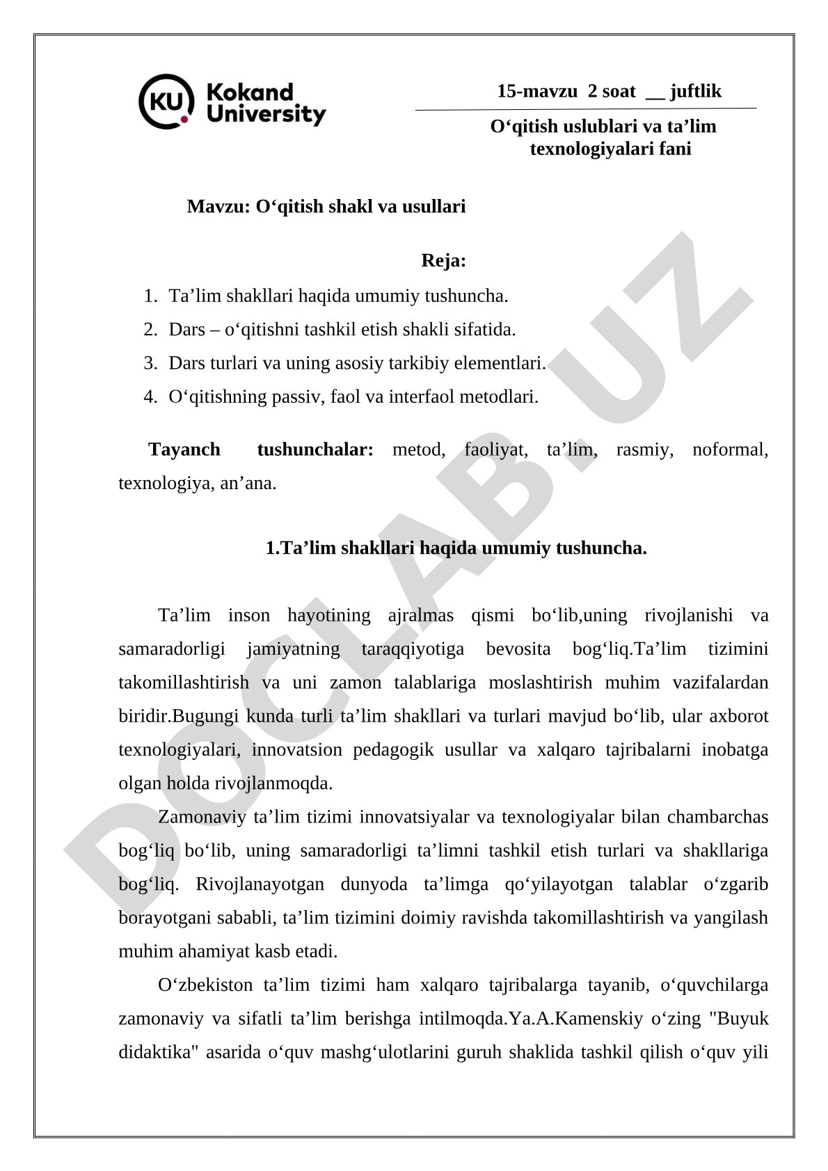 O‘qitish shakl va usullari