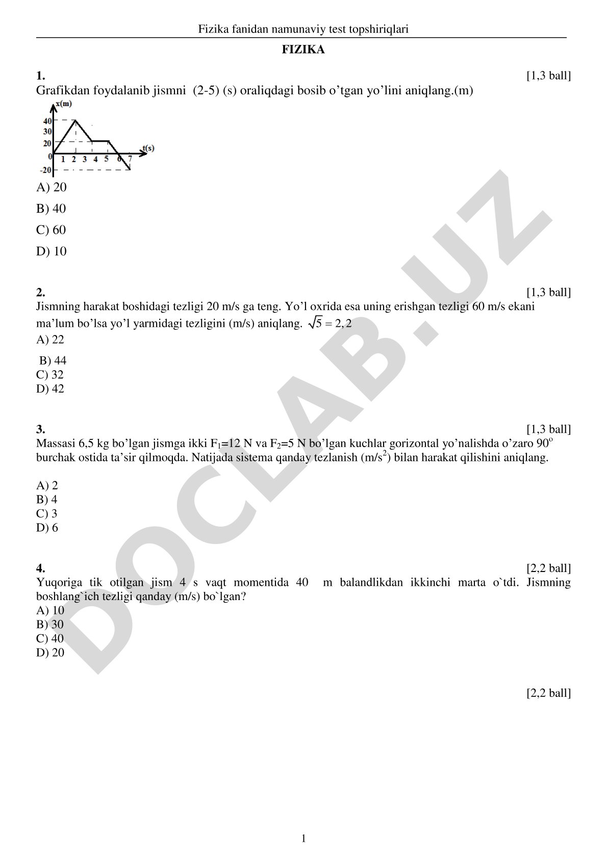 Fizika fanidan namunaviy test topshiriqlari