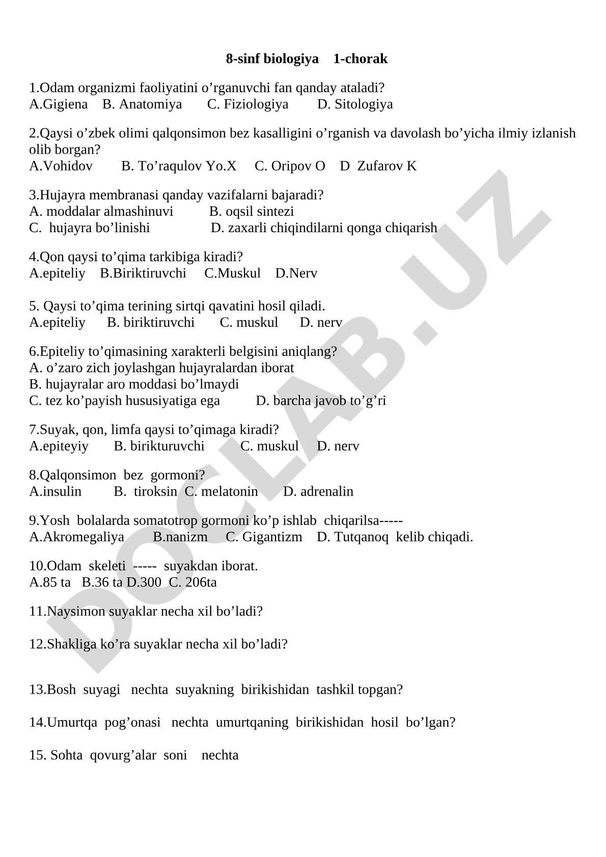 8-sinf biologiya 1-chorak test savollari