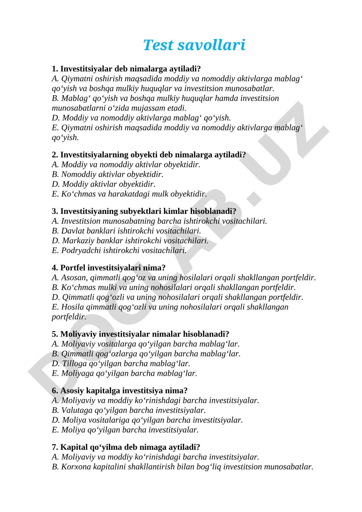 Investitsiyalar test savollari