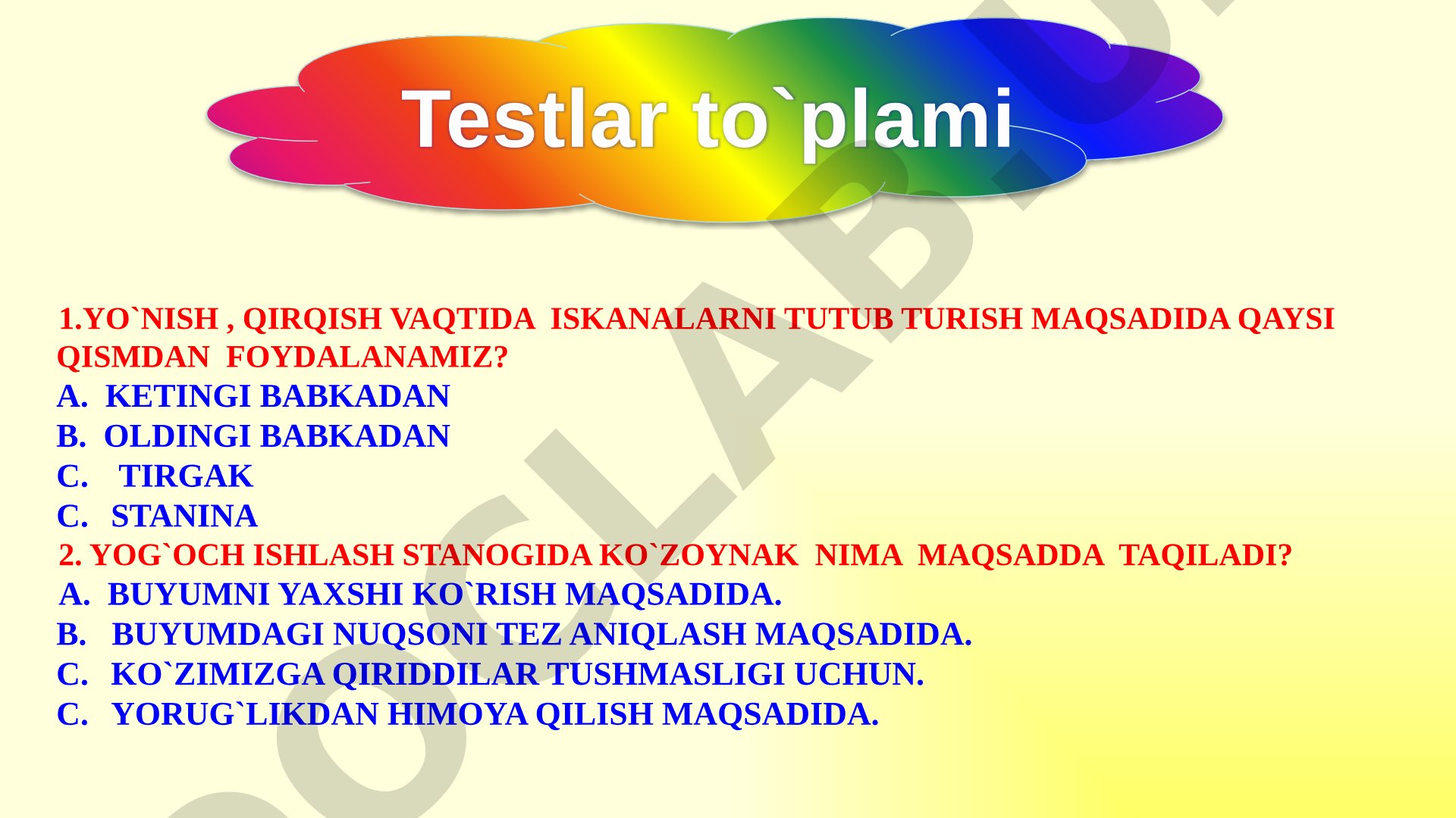 Yog'och ishlash stanogida xavfsizlik texnikasi testlari