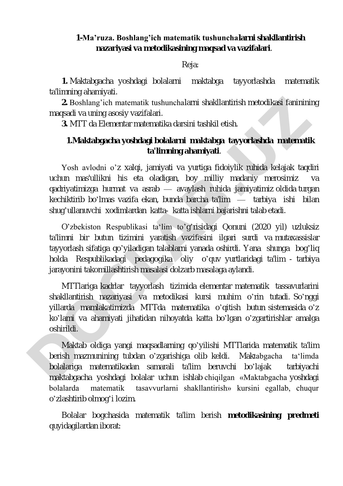 Boshlang'ich matematik tushunchalarni shakllantirish nazariyasi va metodikasining maqsad va vazifalari