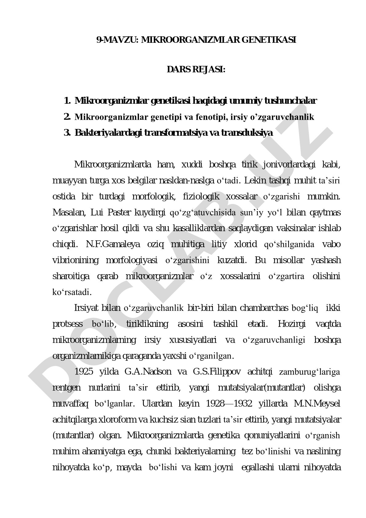 Mikroorganizmlar genetikasi, irsiy o'zgaruvchanlik, transformatsiya va transduksiya