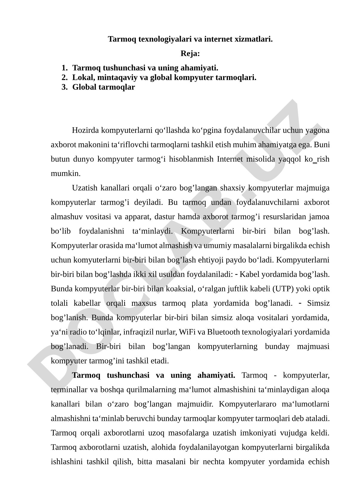 Tarmoq texnologiyalari va internet xizmatlari