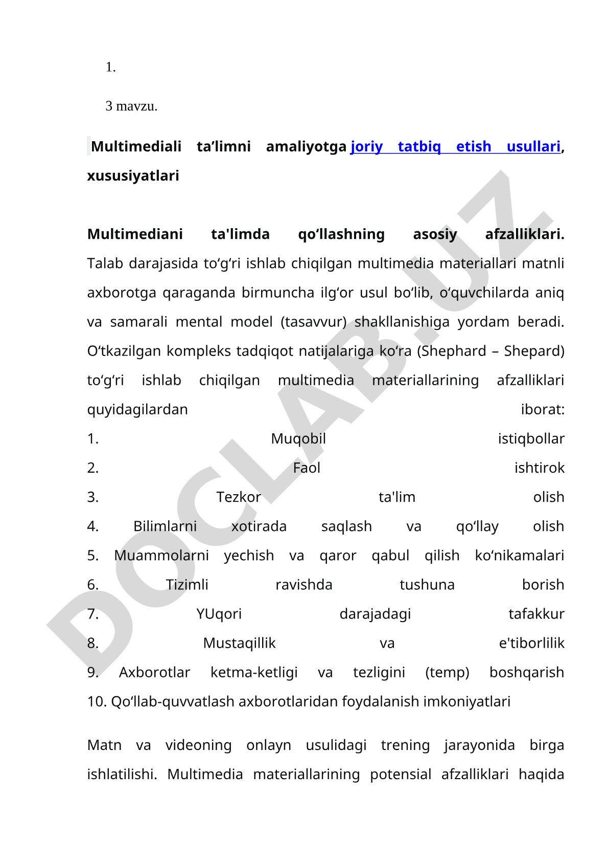 Multimediali ta’limni amaliyotga joriy tatbiq etish usullari, xususiyatlari