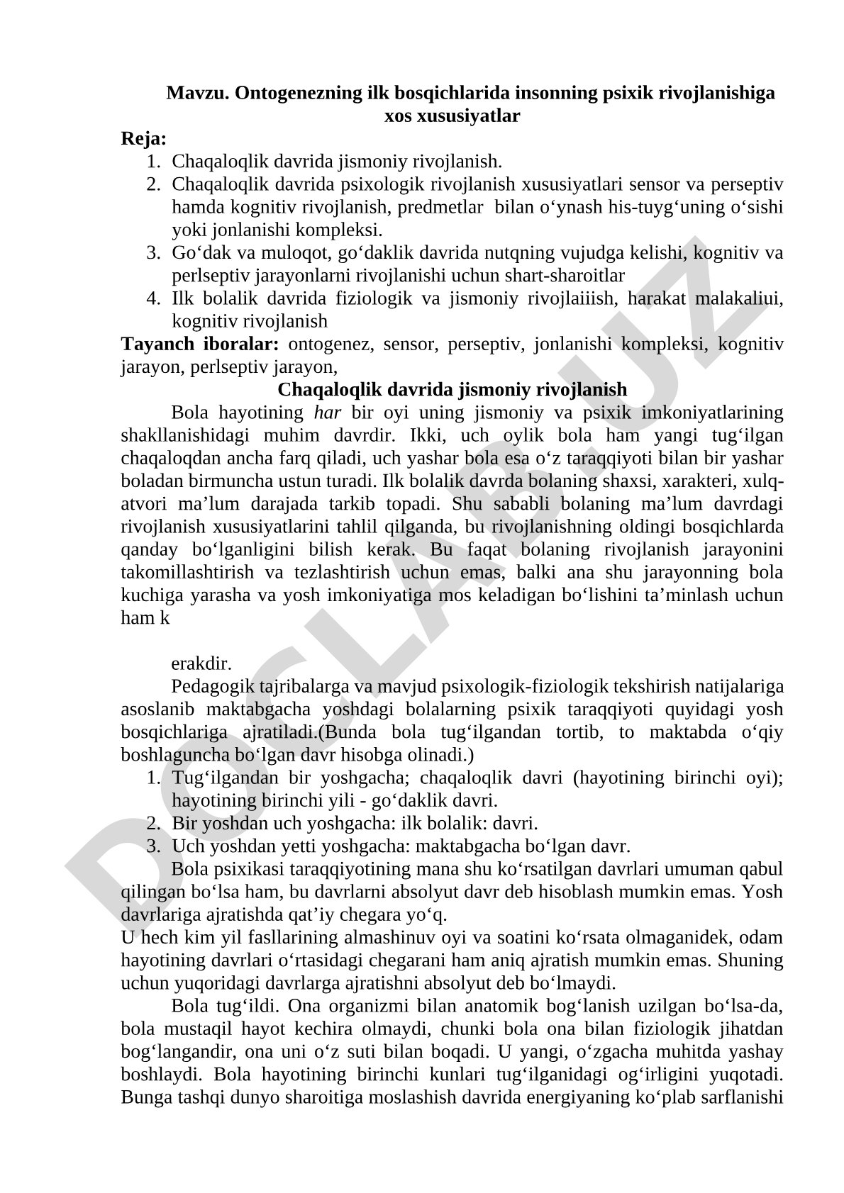 Ontogenezning ilk bosqichlarida insonning psixik rivojlanishiga xos xususiyatlar