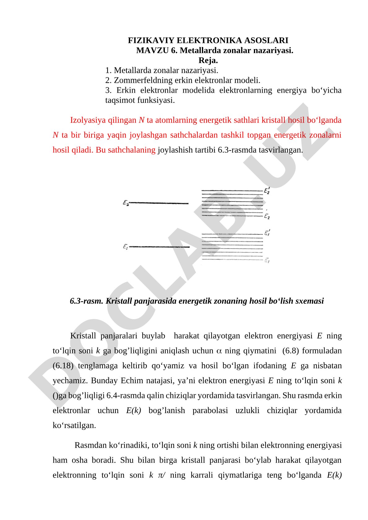Metallarda zonalar nazariyasi va Zommerfeld elektronlar modeli tushuntirilgan