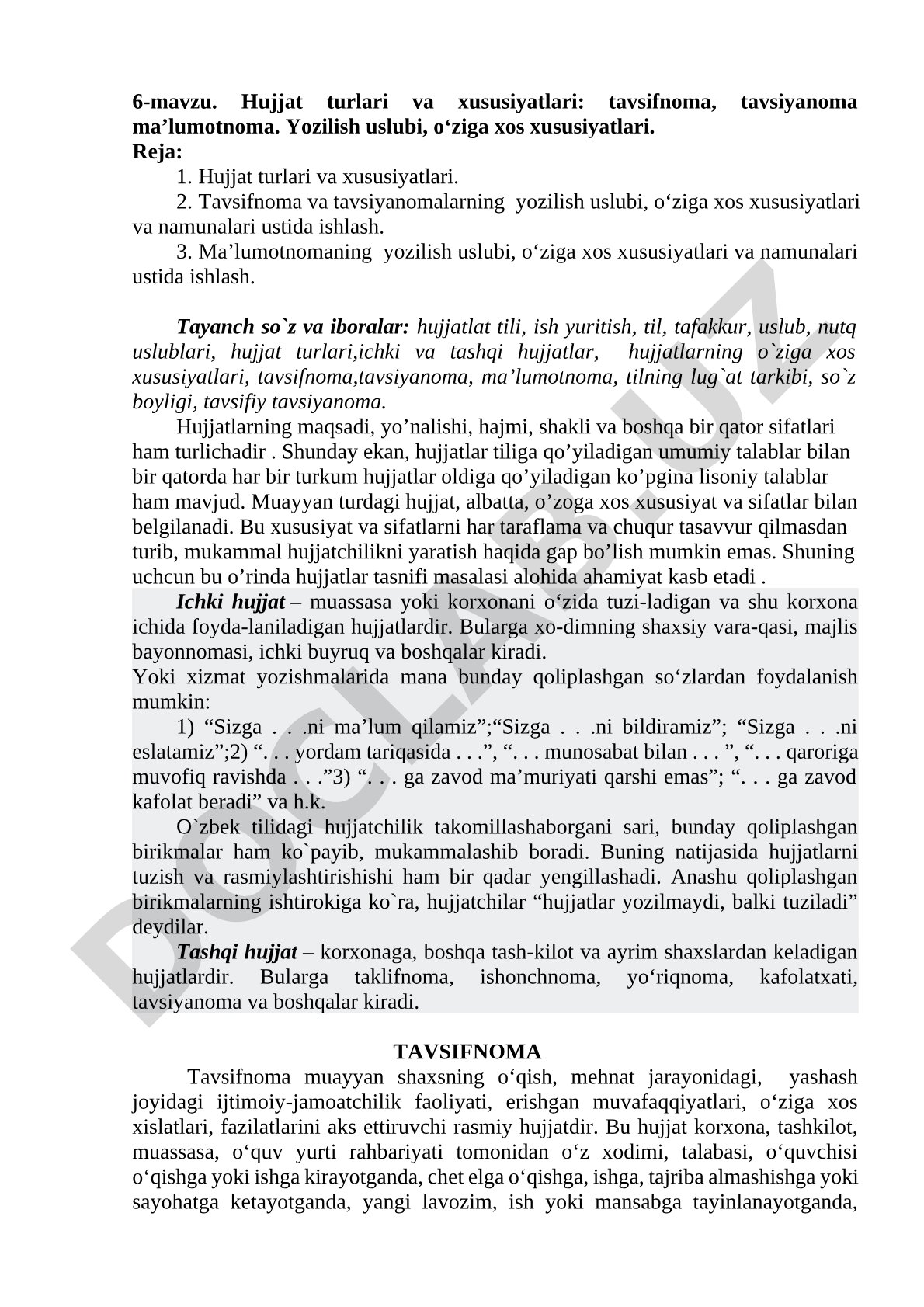 Tavsifnoma, tavsiyanoma va ma'lumotnoma yozilish uslubi va xususiyatlari