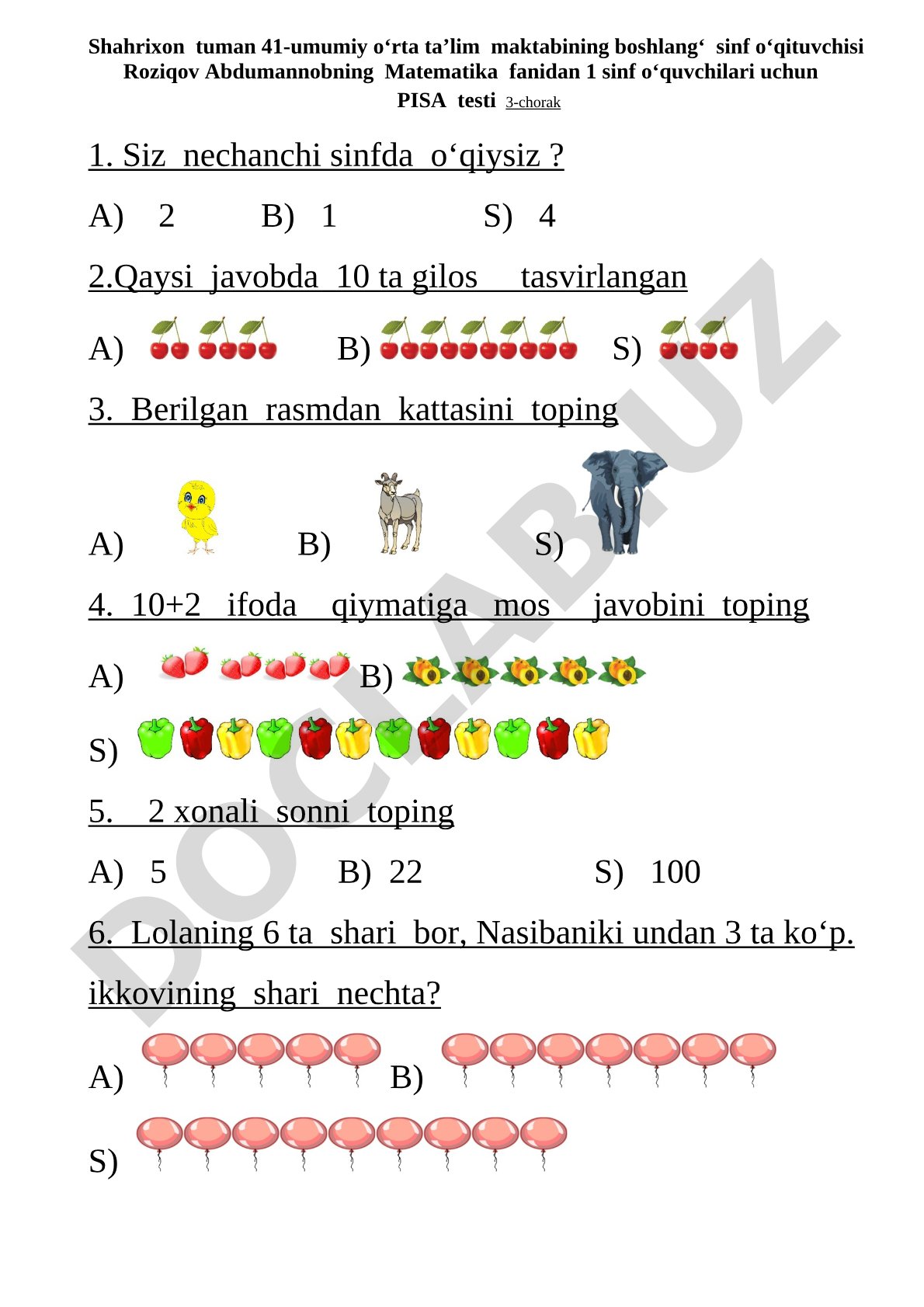 1-sinf matematika PISA testi (3-chorak)