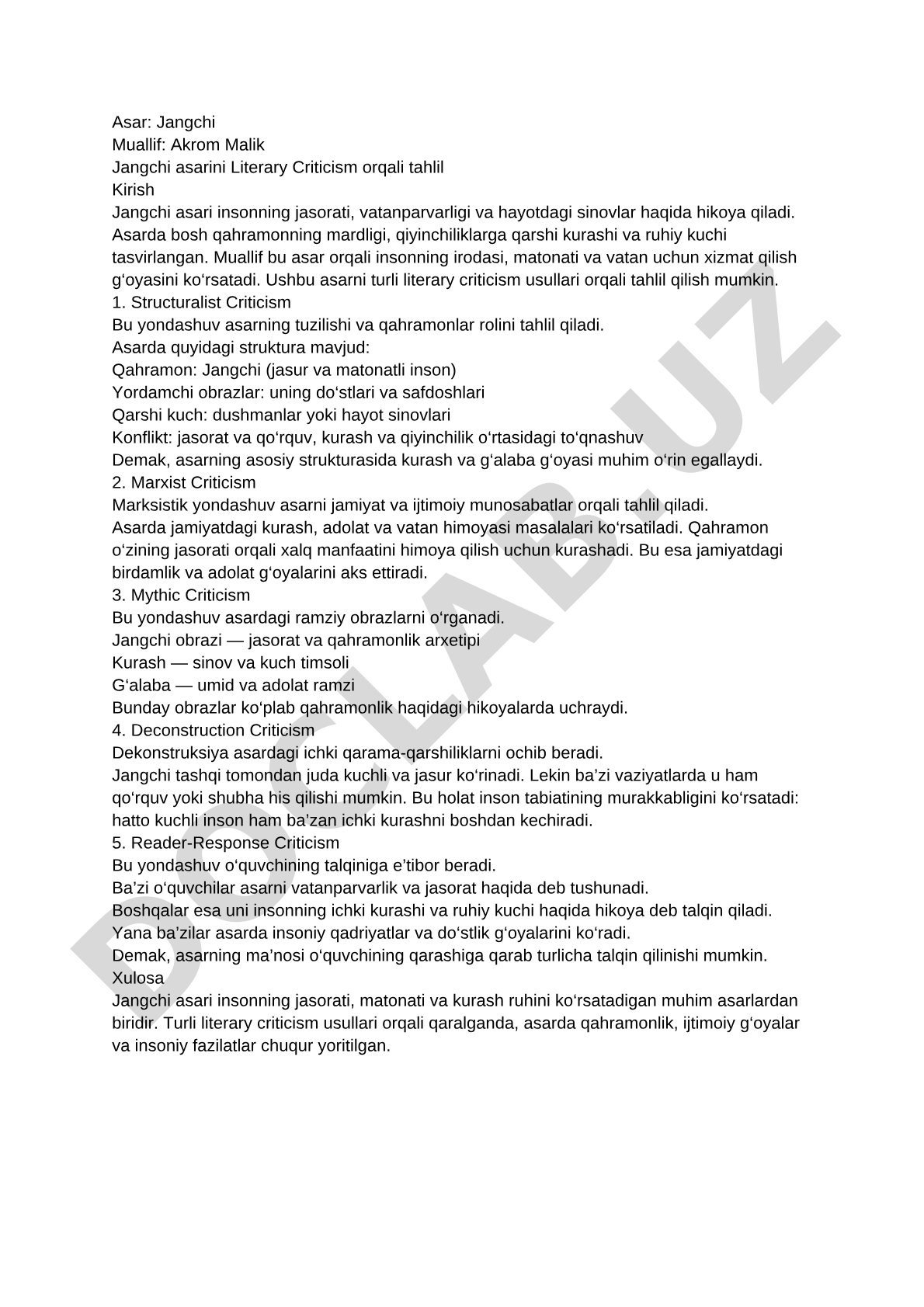 Jangchi asarini Literary Criticism orqali tahlil