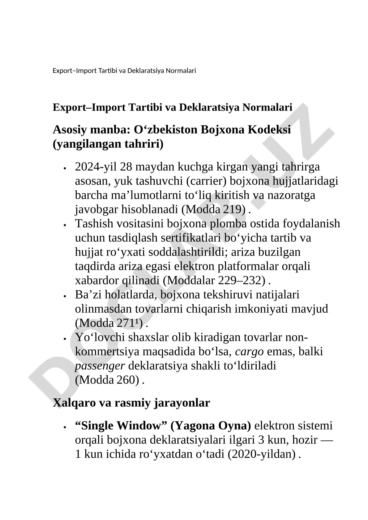 Export–Import Tartibi va Deklaratsiya Normalari