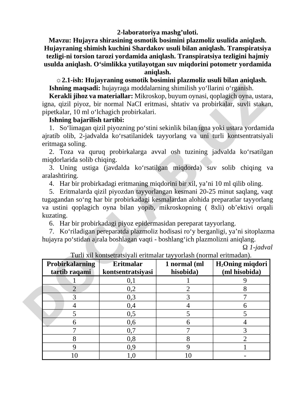 Hujayra shirasining osmotik bosimini plazmoliz usulida aniqlash