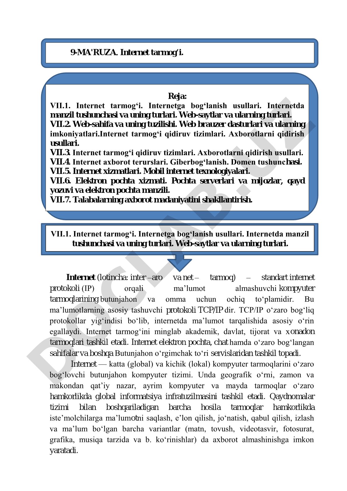 Internet tarmog'ining ta'rifi, TCP/IP protokoli va axborot almashish imkoniyatlari