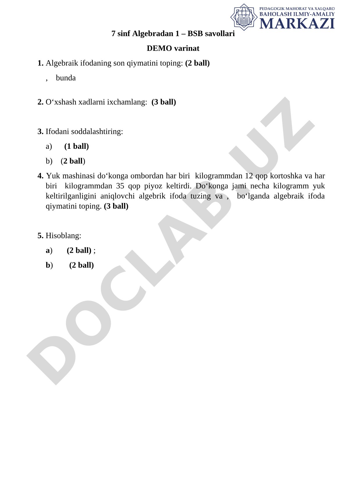 7-sinf algebra 1-BSB savollari demo varianti