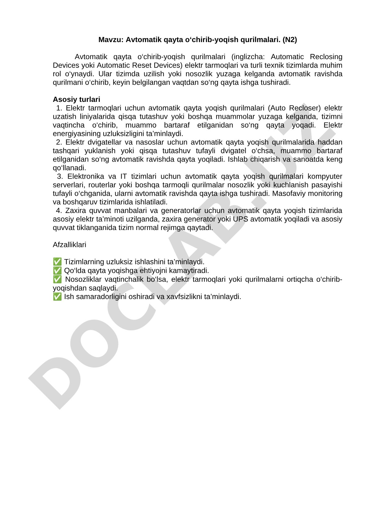 Avtomatik qayta o‘chirib-yoqish qurilmalari (N2)