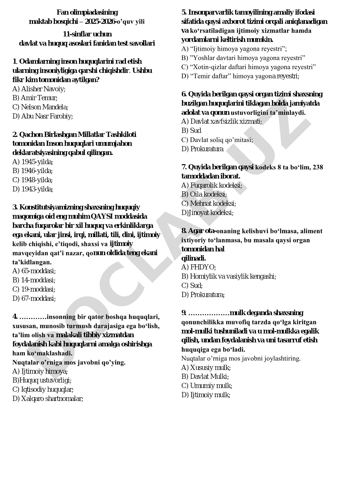 Fan olimpiadasining maktab bosqichi – 2025-2026-o’quv yili 11-sinflar uchun davlat va huquq asoslari fanidan test savollari
