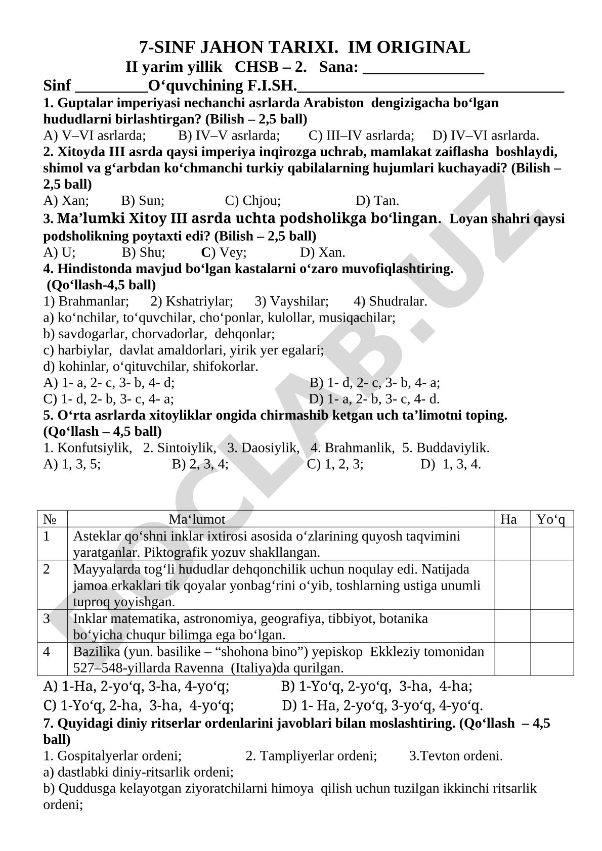 7-sinf jahon tarixi II yarim yillik CHSB